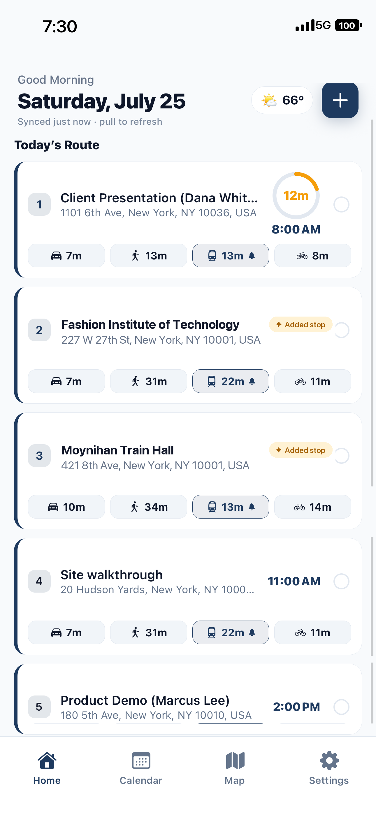 Today's route with countdown rings and travel-mode options