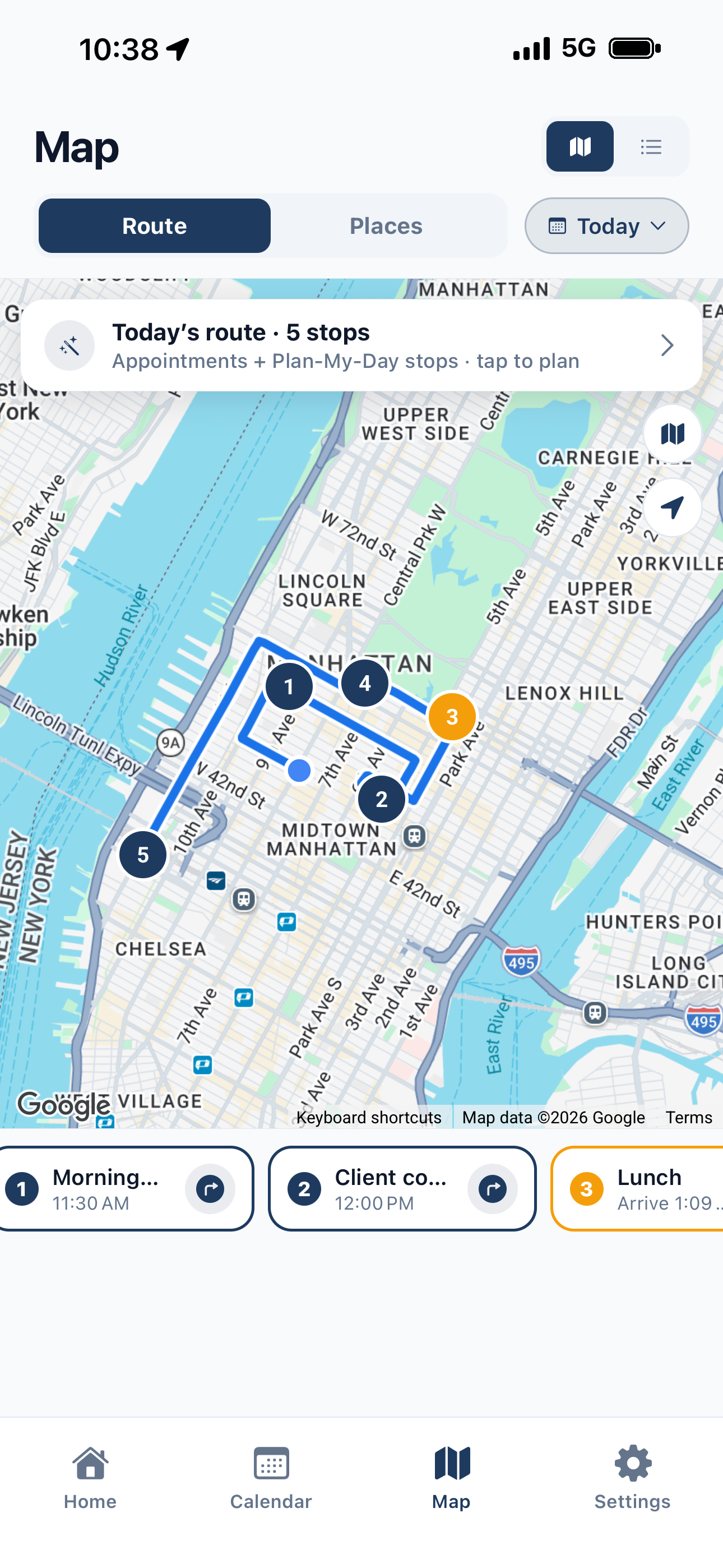 Map showing an optimized five-stop route across the city