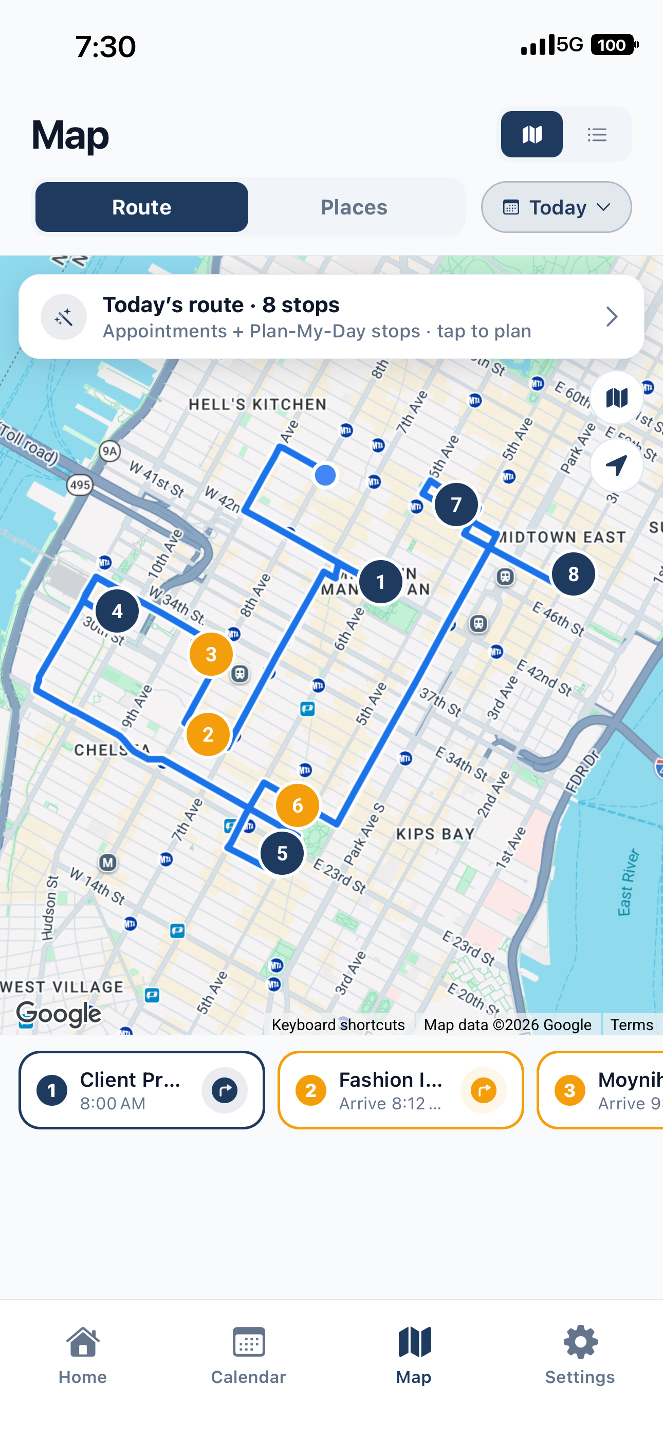 Map showing an optimized multi-stop route across the city