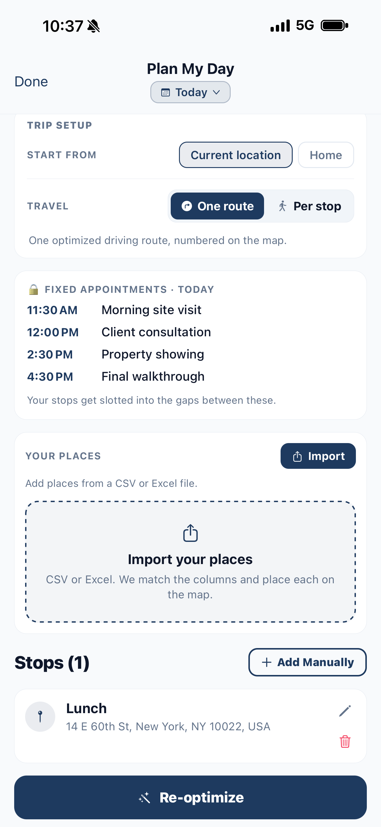 Plan My Day with fixed appointments and imported places