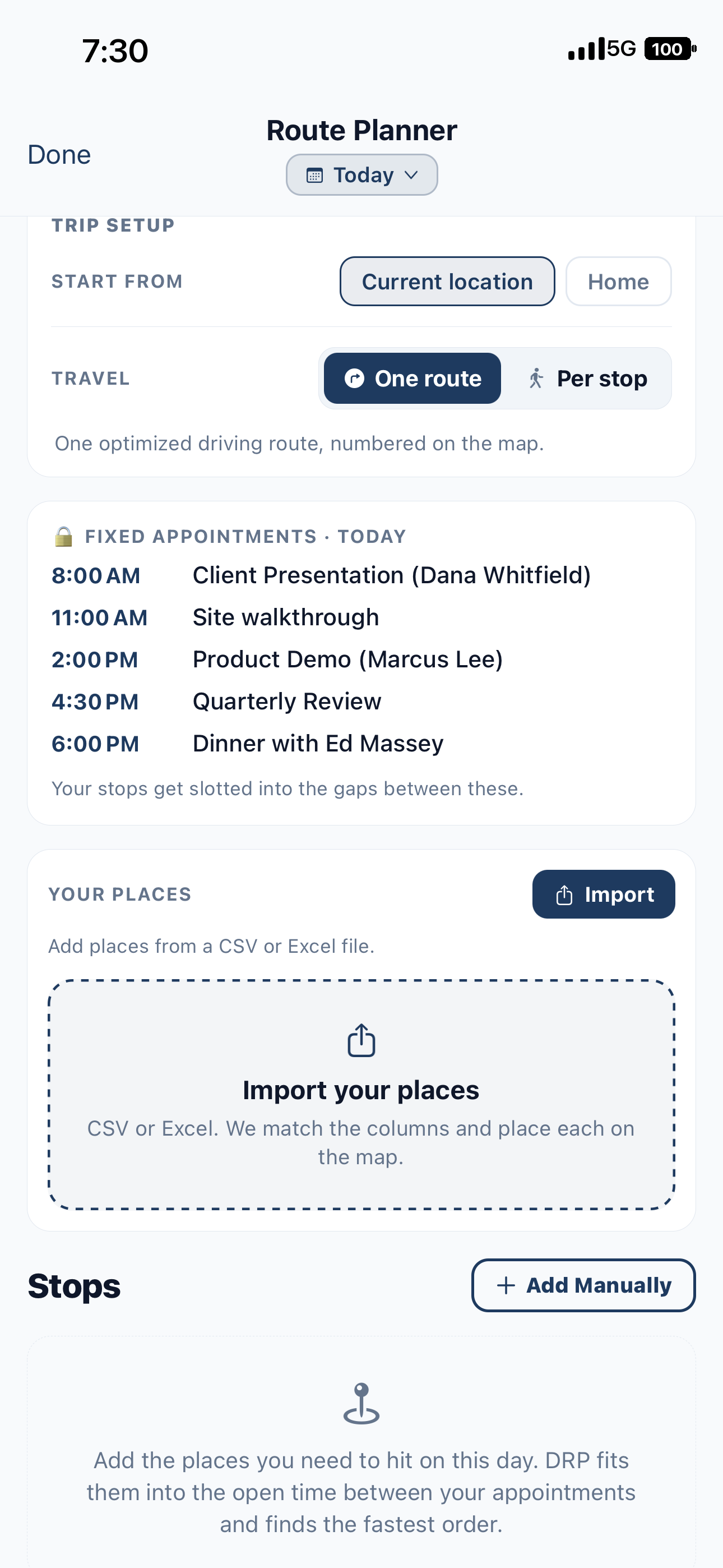 Plan My Day with fixed appointments and imported places